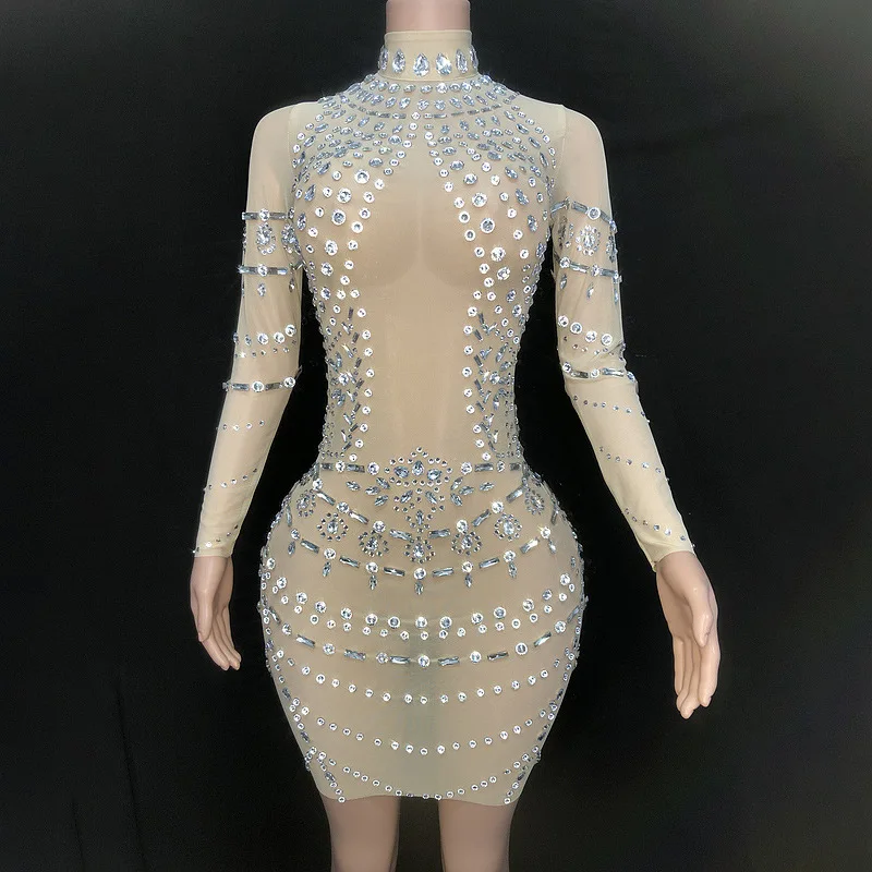 

Summer New Diamond Studded Round Neck Semi Transparent Sexy Elegant Tight Fitting Buttocks Skirt Banquet Party Evening Dress