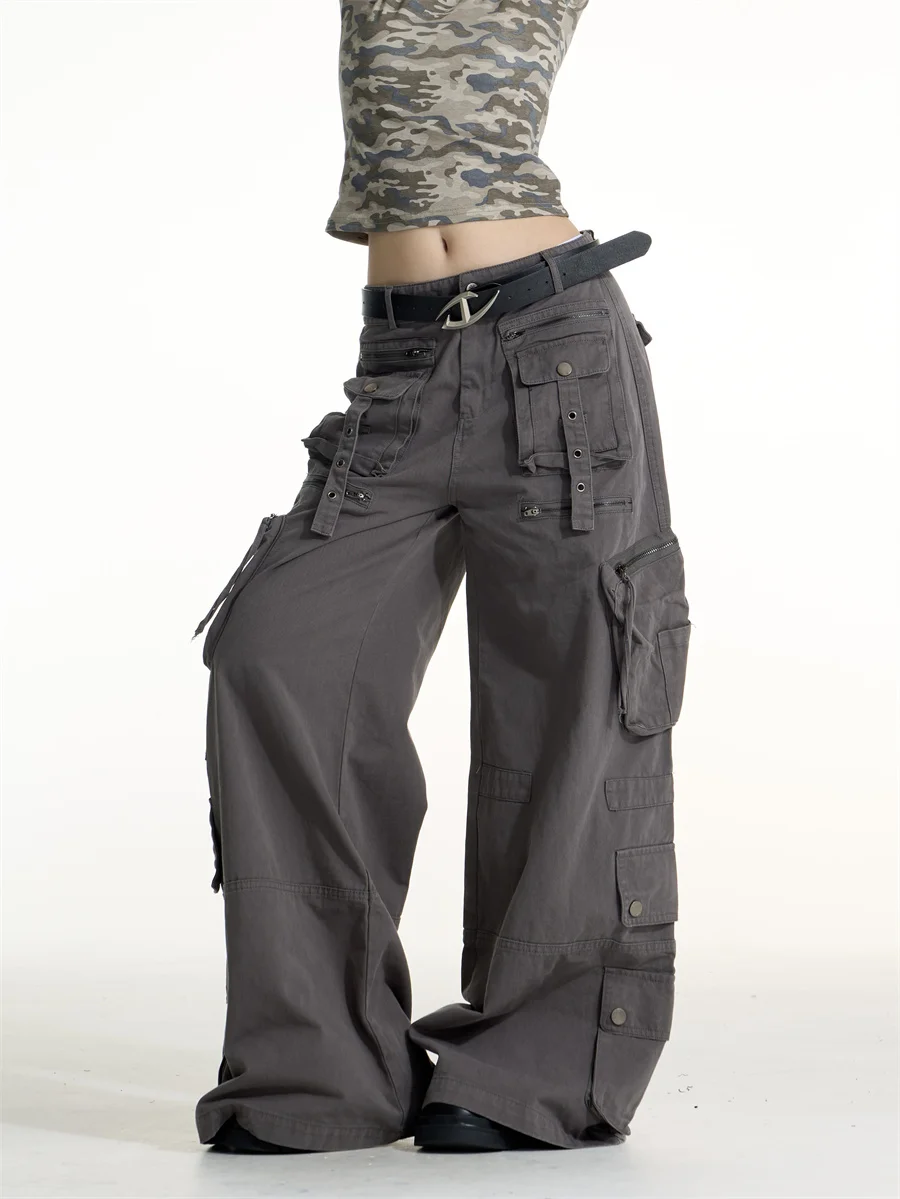 Street Style Heavy Duty Workwear Pants Women's Loose Long Trousers Multi-Pocket Zipper Splicing Hot Girl Casual Pants