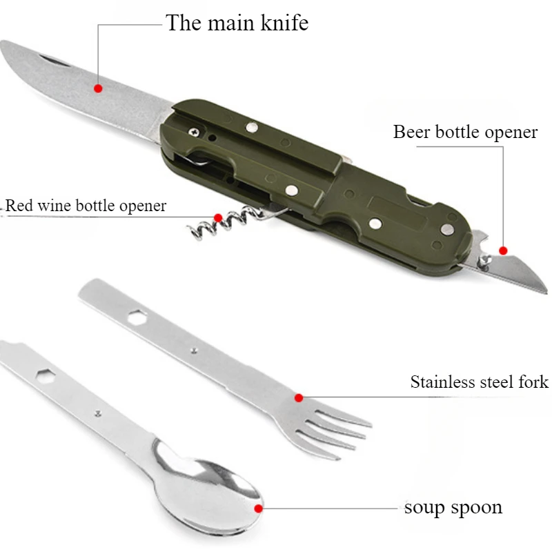 1pc Camping folding knife fork spoon combination stainless steel tableware outdoor multifunctional cooking folding tableware