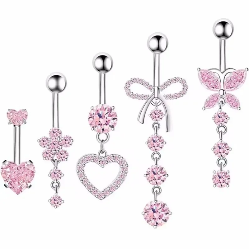 Pink Flower Belly Button Rings Set Women Blue Crystal Belly Piercing Bulk Heart Navel Barbell Jewelry Pack Piercing Ombligo Lote