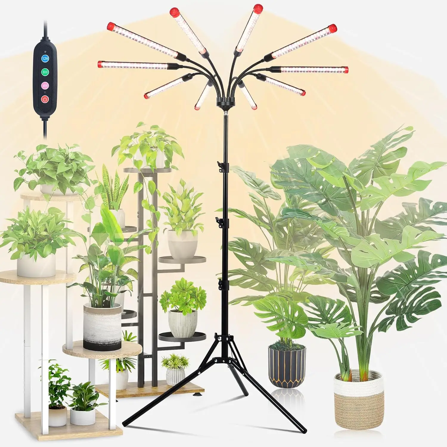 

10-Head Adjustable Grow Light with Timer for Indoor Plants, Bonsai Trees, Full Spectrum LED, 90W Power