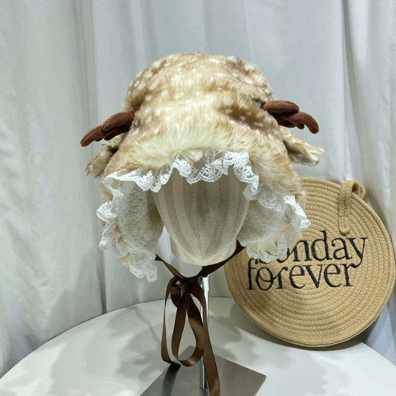 

Cute Spotted Lace Antlers Plush Hat for Women Winter Students Warm Ear Protectors Beanies