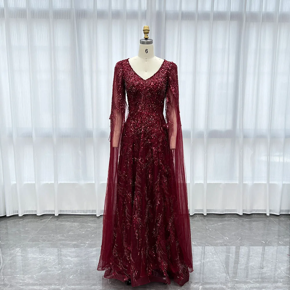 

YQLNNE Wine Red Embroidered Beaded Evening Dresses Dubai Gown Aline