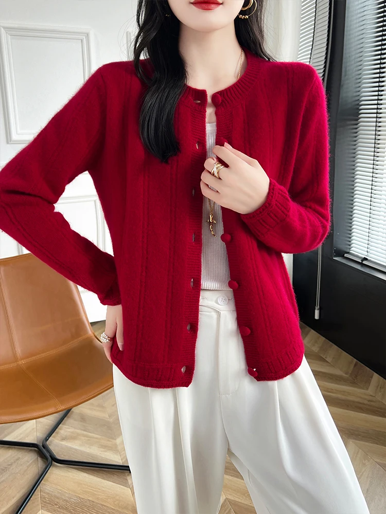 Cardigan boutonné à col rond pour femme, pull 2024 laine mérinos, manches longues, tricots en cachemire, manteau femme, mode, automne, hiver, nouveau, 100%