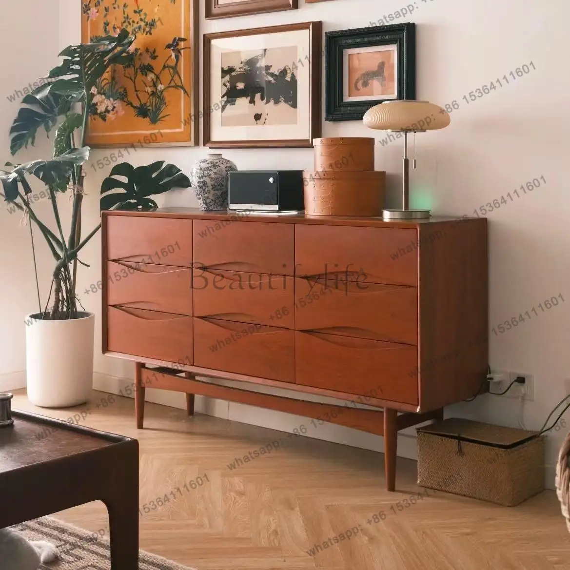 Nordic medieval solid wood retro living room bedroom locker bedside drawer cabinet