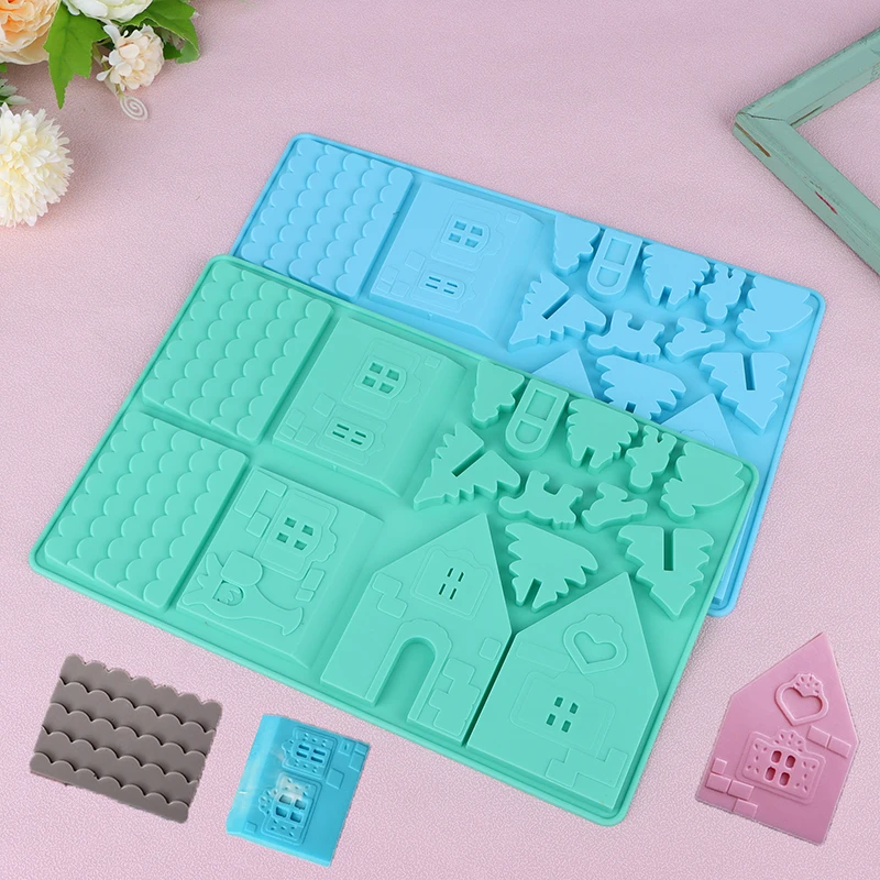 Silicone Building Block Christmas House Chocolate Mold Gingerbread House Cookie Mold For Cake Fudge Christmas Decor Baking Tool