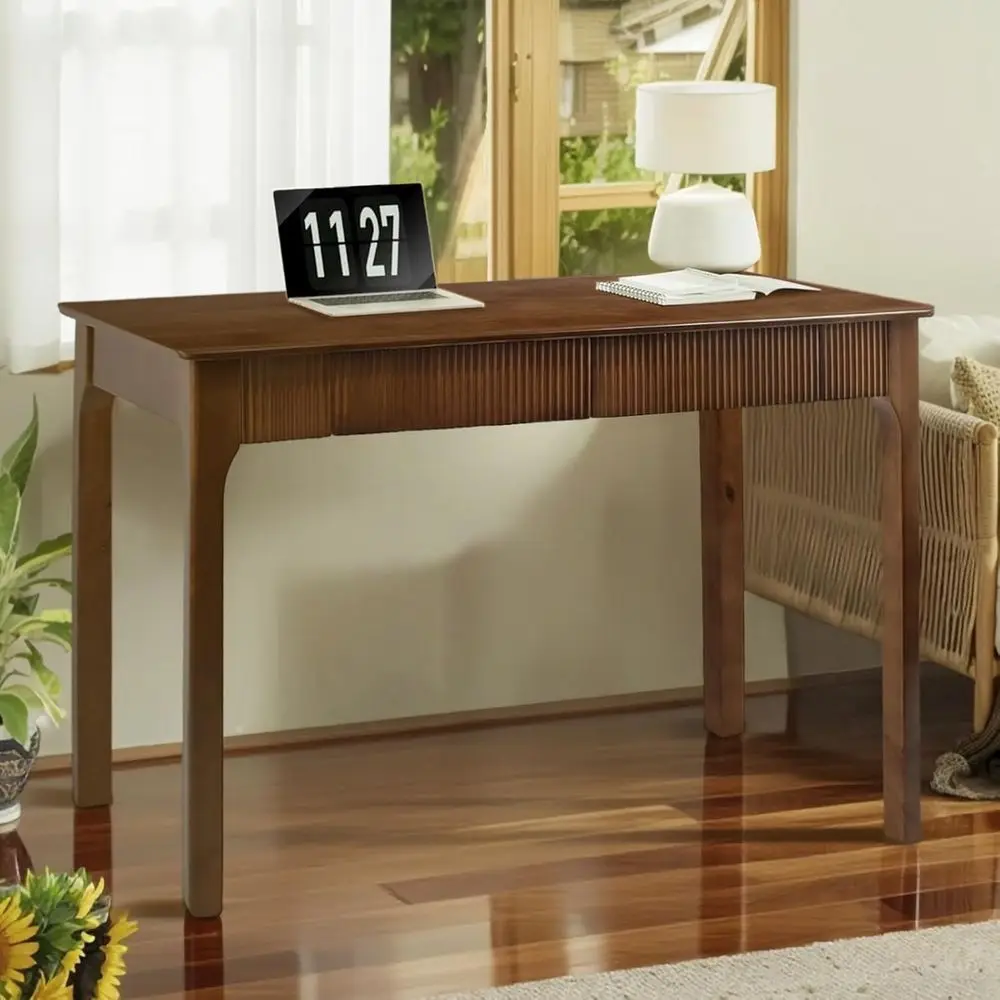 

Mid Century Modern Walnut Wooden Desk, 39.4 with 2 Drawers, Vintage Style Home Office Desk with Storage