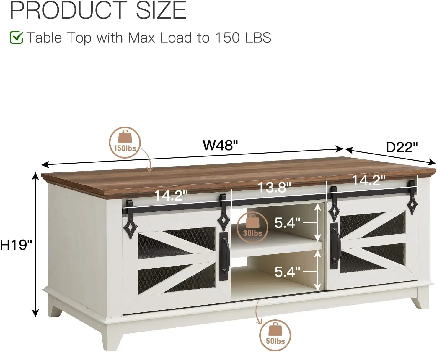 48' Coffee Table with Storage, Sliding Barn Doors, Adjustable Shelves, Farmhouse Industrial Style, Antique White