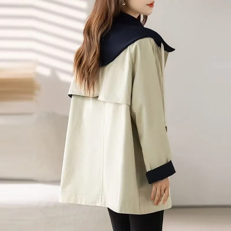 2026 Spring Autumn New Casual Hooded Trench Coat Women Medium and Long Fashion Color Matching Temperament High-end Popular Coat