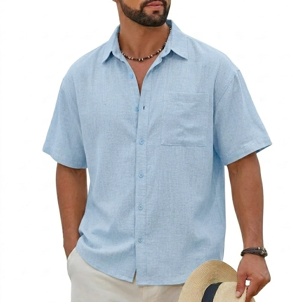 Summer Short Sleeve Linen Shirts for Men Luxury Hawaiian Shirt Button Down Men's Cotton T-Shirts Korean Shirts for Men Beach Tee