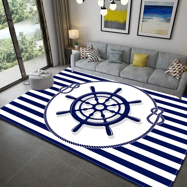 Dark Blue Stripe Ocean Lighthouse Area Rug Anchor Boat Decor Carpet Floor Mat Soft Carpet for Living Room Bathroom Kitchen