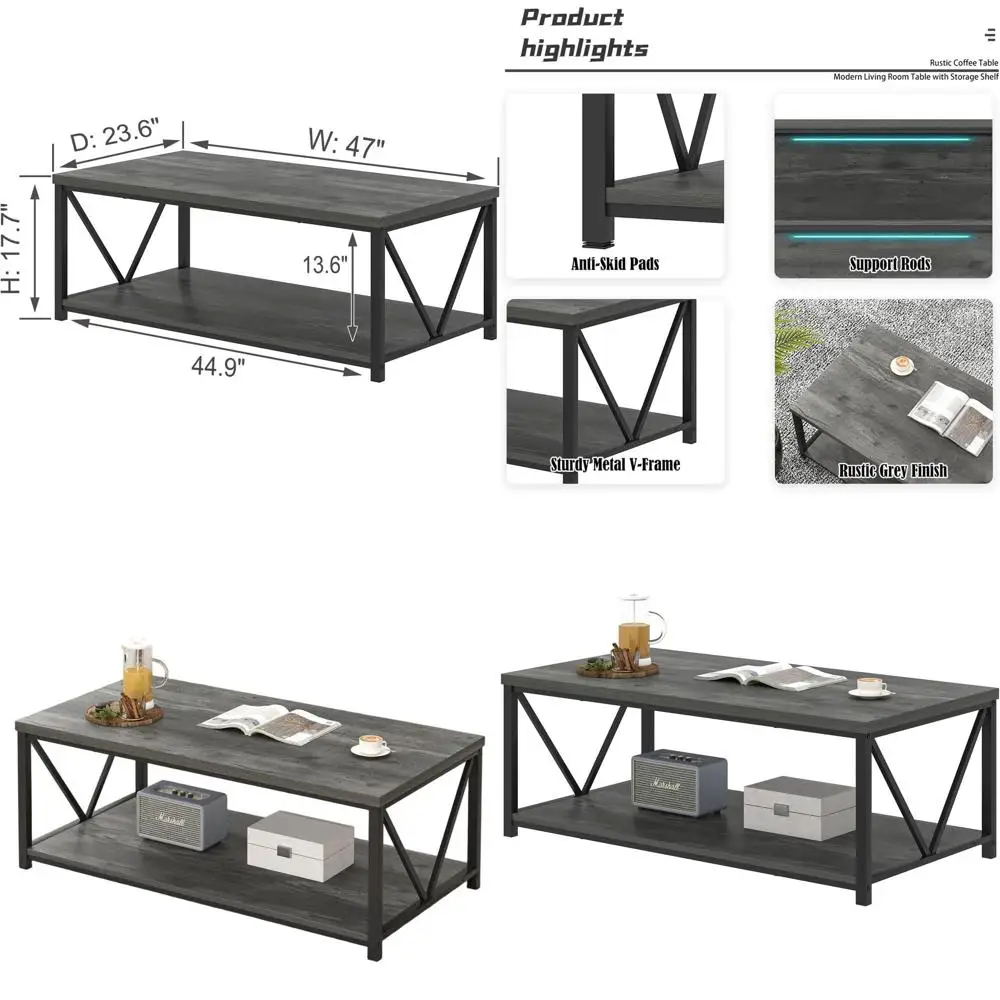 

Rustic Wood and Metal Industrial Living Room Coffee Table with Storage Shelf, 47 Inch Grey