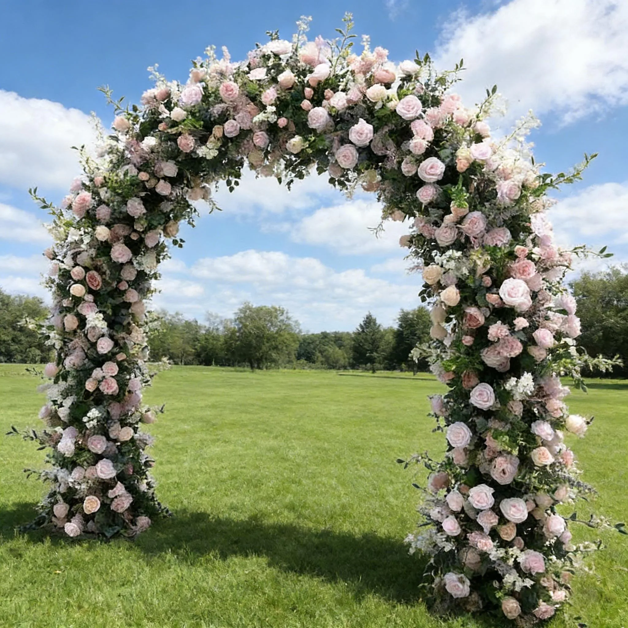 Romantic Floral Arch with pink Roses & lush Greenery. Perfect for Weddings, Photo Backdrops, and Event Decorations.