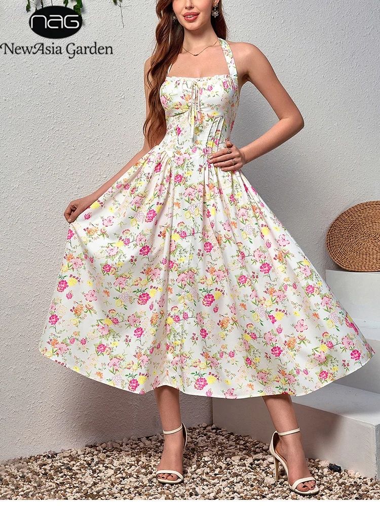 Sundress Midi Floral - NewAsia Damen Rosa Blumenmuster Neckholder Midikleid