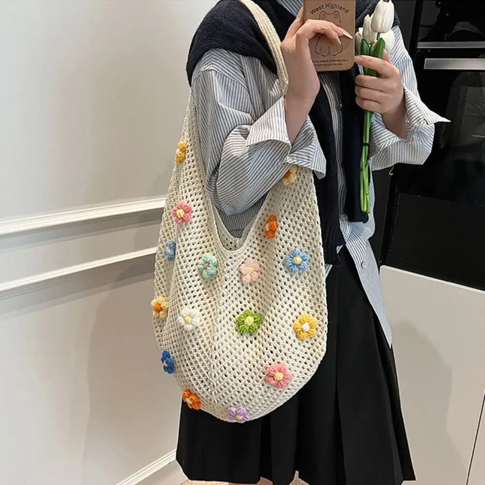 

Hollow Out Flower Thread Woven Bag Beach Handbag Bohemian Style Beach Bag Large Capacity Tote Bag Hollow Shoulder Bag Shopping