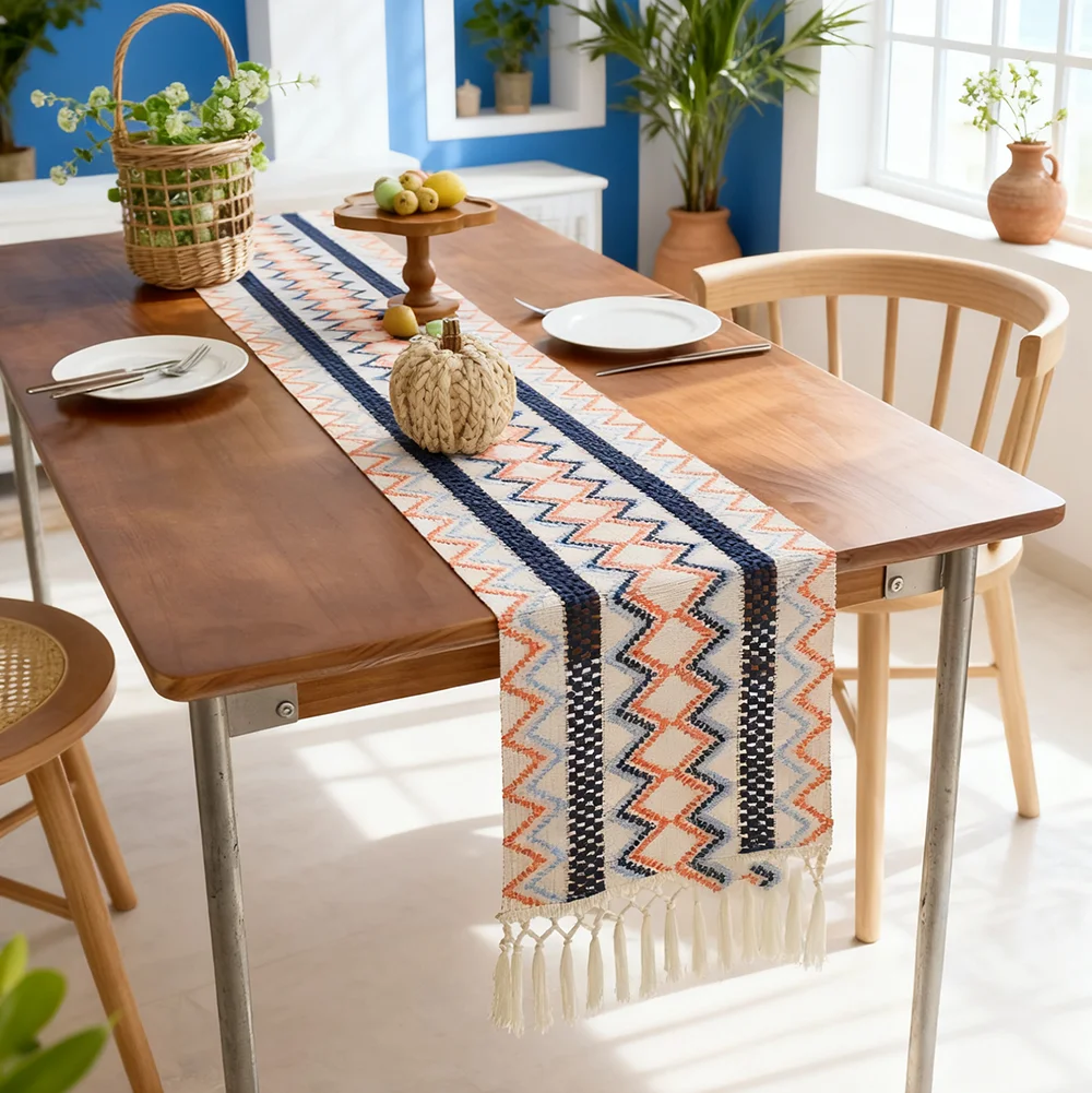 Bohemian Aztec Pattern Table Runner with Tassels - Woven Table Decor for Dining Room, Kitchen & Coast