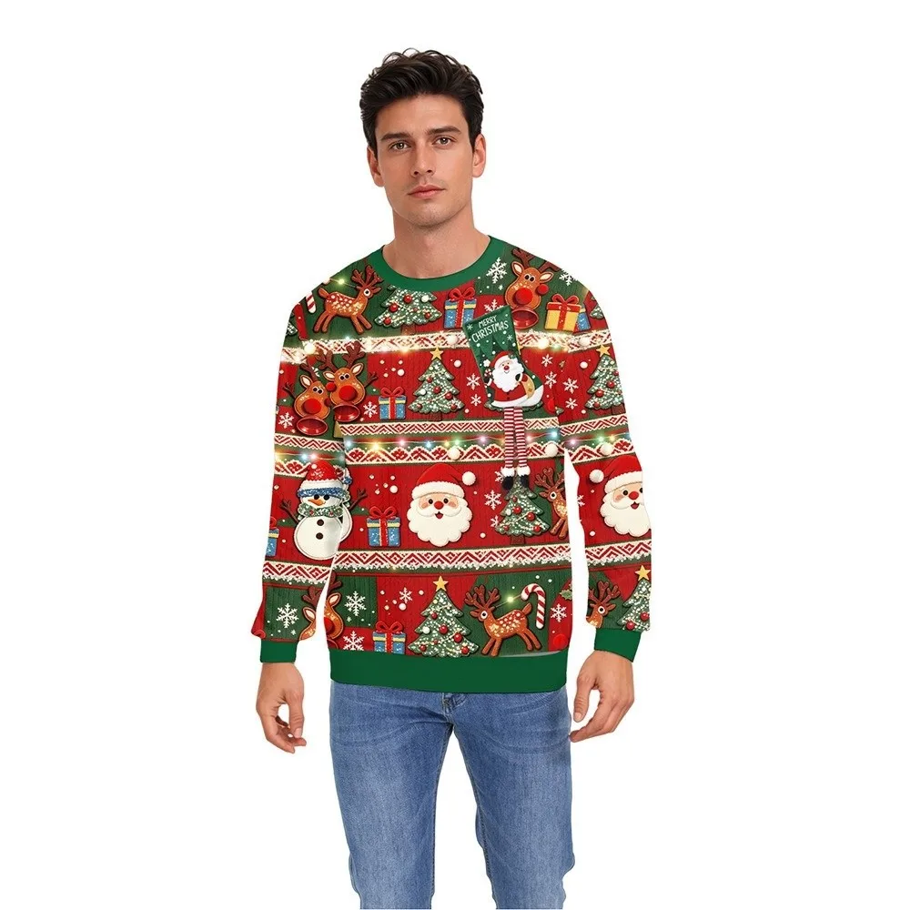 3D Digital Print Christmas Sweatshirt Long Sleeve Red Christmas Crewneck Festive Winter Pullover Holiday Sweatshirt Winter
