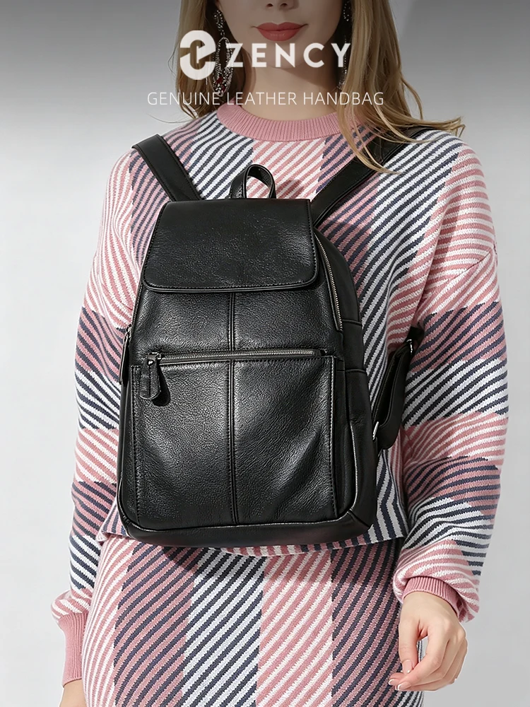 Zency Stylish White Black Genuine Leather Women Backpack A++ Quality Anti-theft Large Capacity Knapsack Travel Designer Rucksack