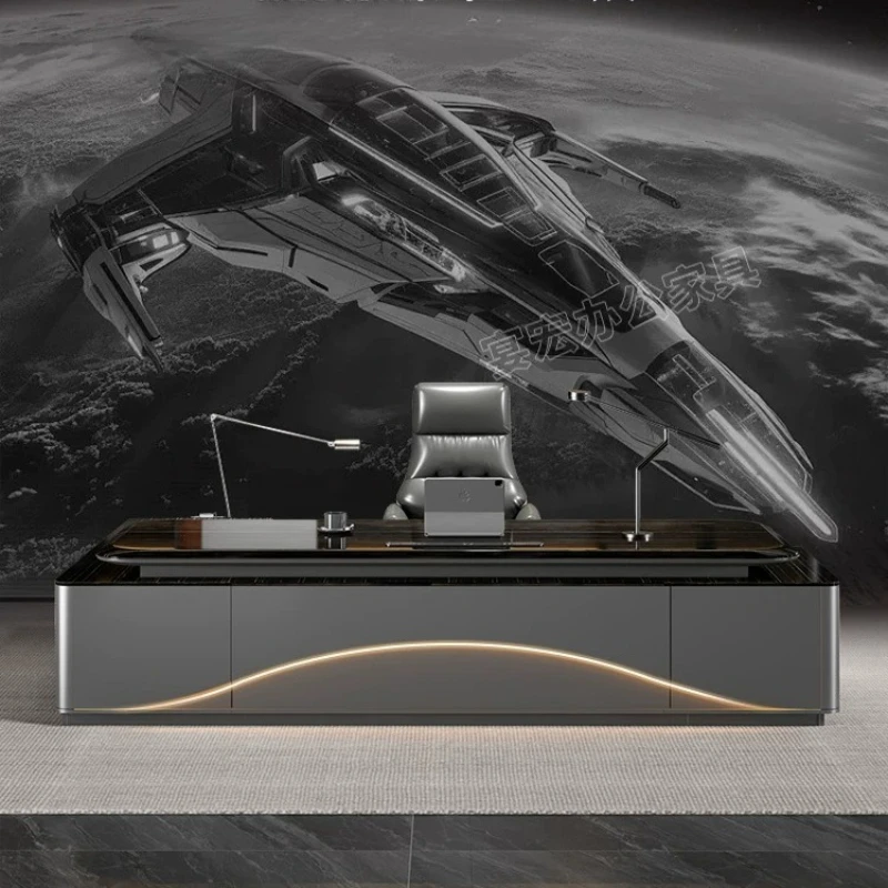 High-end Executive Desk with LED Strip Ambient Lighting L Shape Chairman Boss Table General Manager Office Computer Furniture
