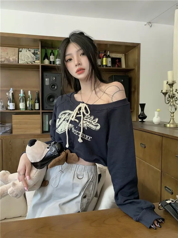 Vintage Oversized Hoodies Women Harajuku Kpop Off Shoulder Crop Sweatshirts Retro Casual Long Sleeve Tops Y2K Aesthetic