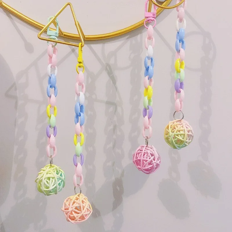 8Jiu Parrot Toy Bird Chew Rattan Ball Small Pendulum Birdcage Decoration Colorful Bite Hanging String Dangling Ball Chew Chain