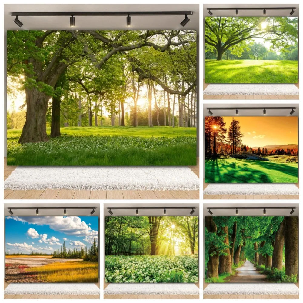 

Spring Green Trees, Sunshine, Sky, Grassland Theme Photography Background, Birthday Party, Room Decoration Photography Backdrop