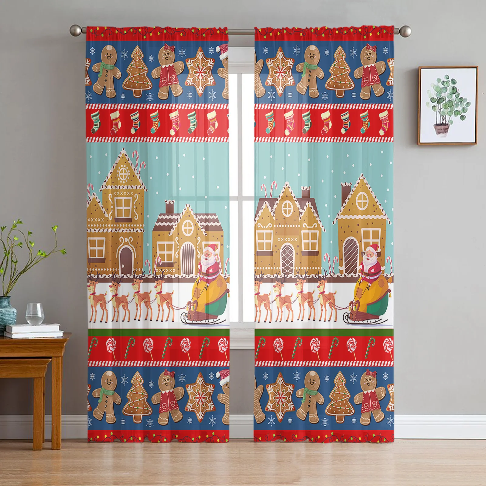 Christmas Gingerbread Candy Santa Sheer Curtains for Living Room Bedroom Tulle Curtain for Kitchen Home Decor Window Drapes