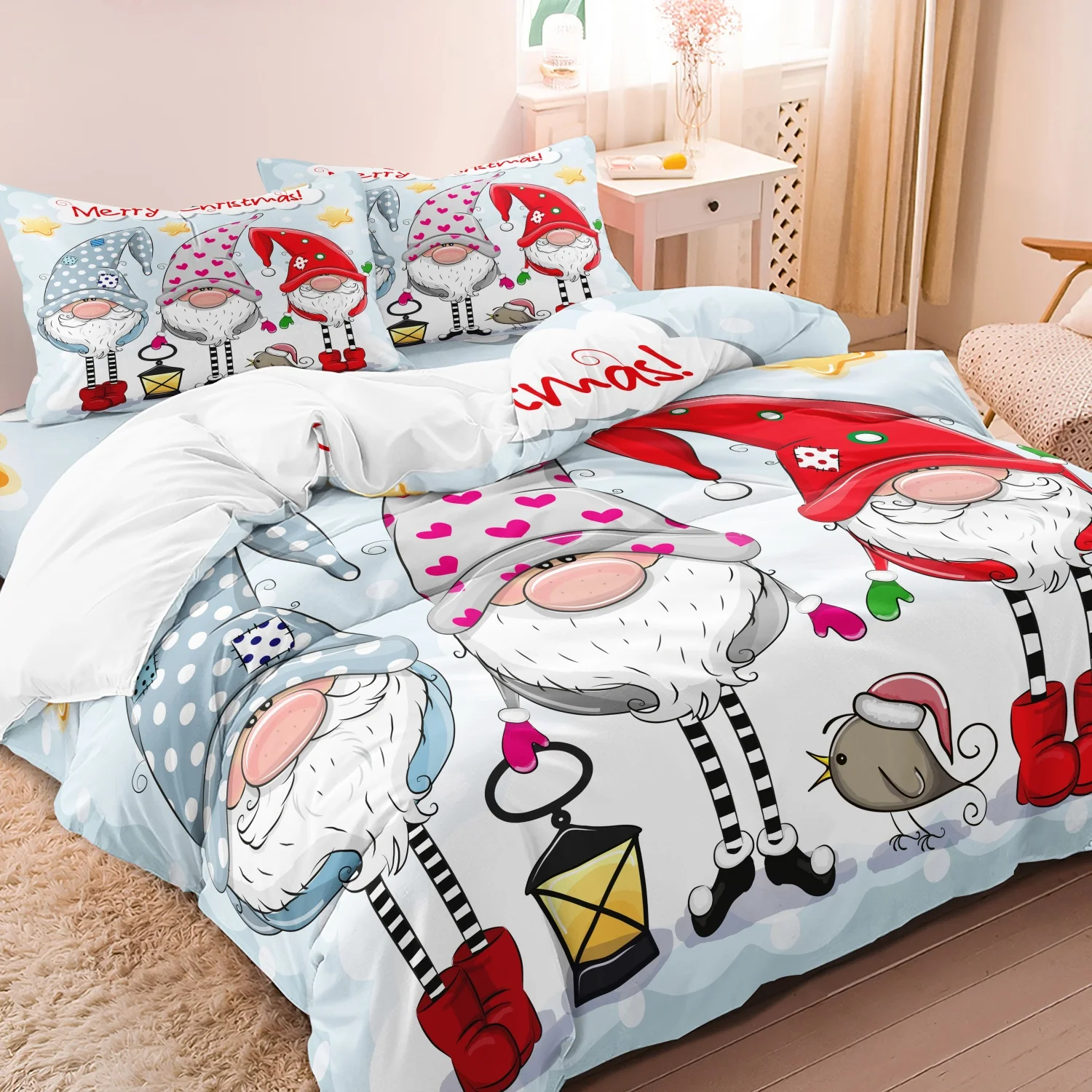 3Pcs Christmas Duvet Cover Set, Lovely Three Gnomes Colorful Hats Tiny Bird and Vintage Lantern Fun Light Blue Festive Bedding