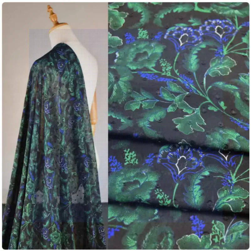 China viento fondo negro estampado de flores verde esmeralda, tela de gasa, vestido, camisa, Cheongsam, tejido de costura hecho a mano, transparente