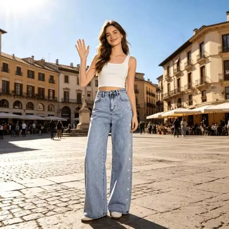 Women Pants Denim Pant Jeans Hot Drilling High Waist Straight Trousers Vintage Washed Y2k Streetwear Loose Work Casual Summer