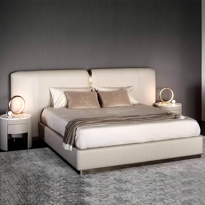 ua-Soft Upholstered Beds Luxury Modern Nordic Style Wide Headboard Double Bed Hotel Villa Solid Wood Frame Adult Wedding Bed#