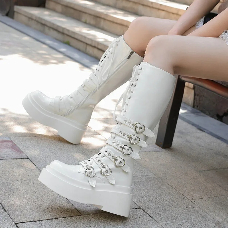 

2025 New Platform Pumps Plus Size Shoes Women Lace Up Wedges High Heel Knee High Boots Female Round Toe Sneakers Big Size Shoes