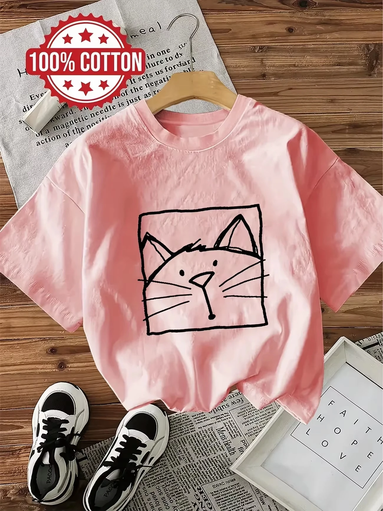Unisex Doodle Cat Sketch Graphic T‑Shirt Simple Line Art Print Short Sleeve Crew Neck Casual Oversized Daily Streetwear Tee
