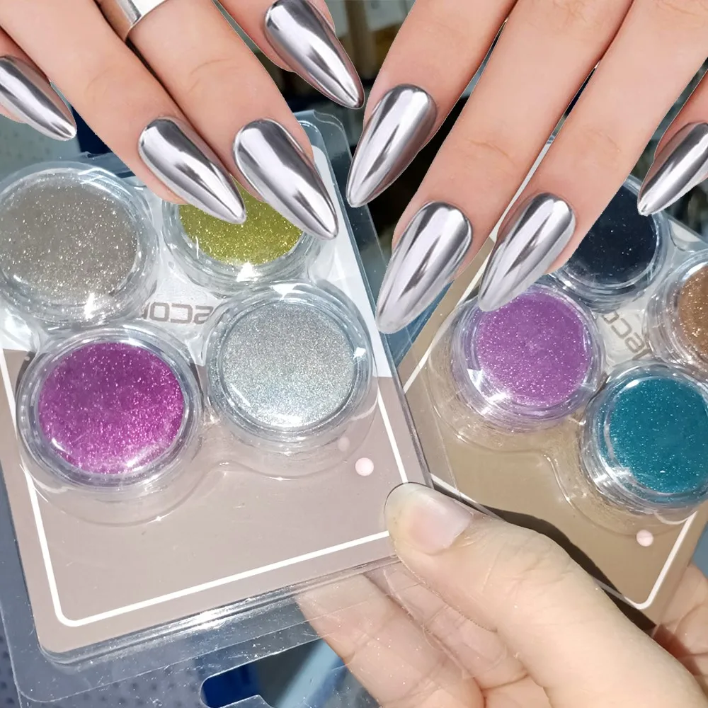 4색/팩 미러 메탈릭 크롬 파우더 매직 미러 반사 글리터 네일 파우더 매니큐어 젤 폴리쉬 크롬 피그먼트 더스트