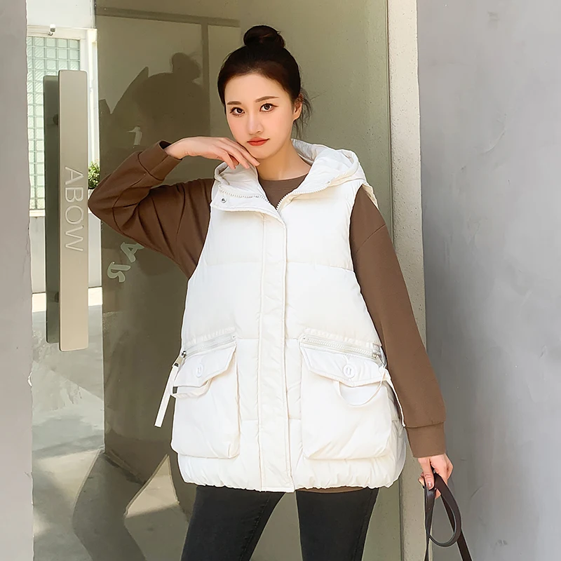 Zipper Loose Casual Warm Cotton Jacket Autumn Winter Women's Vest Hooded Solid Color Sleeveless Pocket Coat for Ladies
