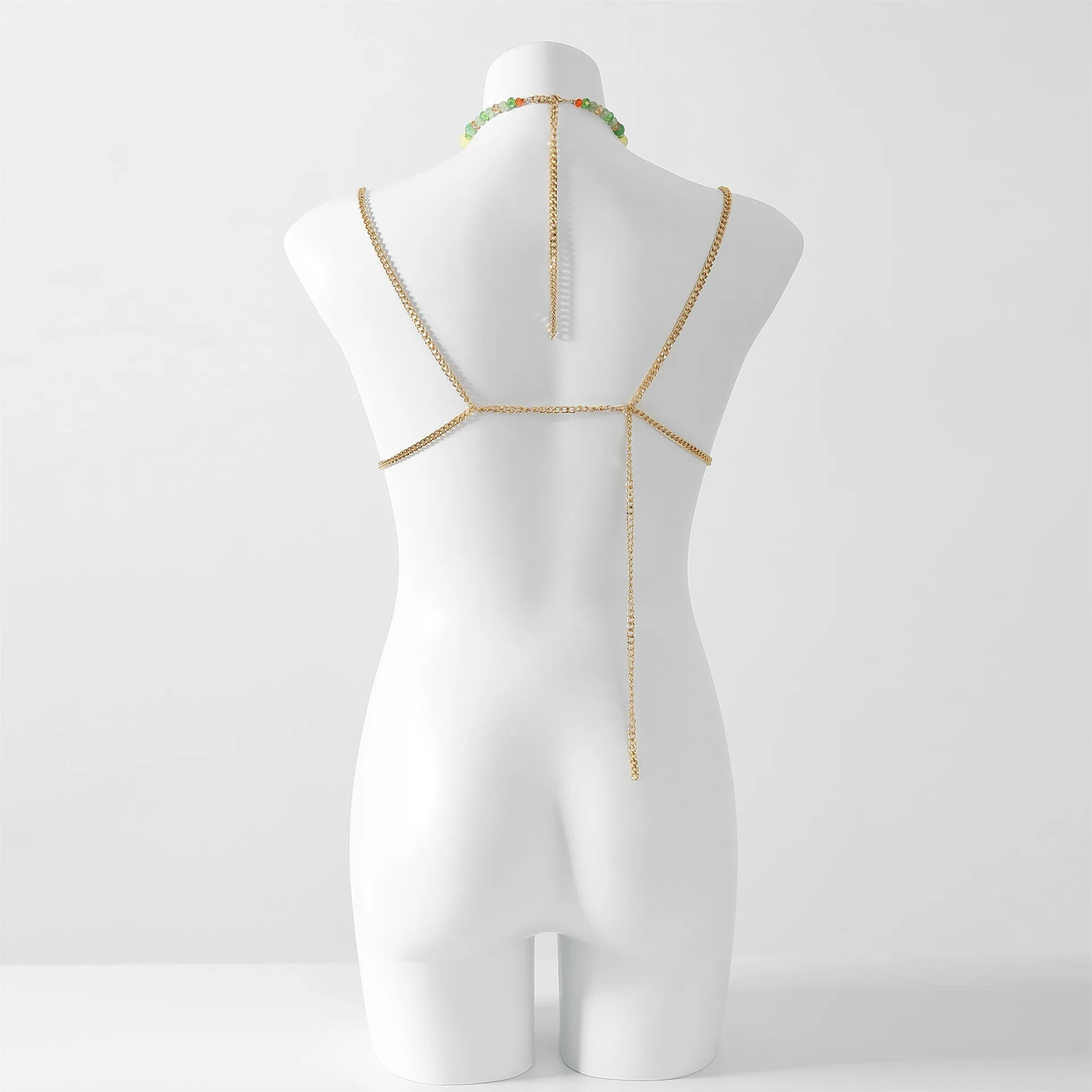 Handmade Woman Tops Crystal Bra Halter Green Beaded Layered Lingerie Harness Bralette Beaded Women Party Beading Beachwear
