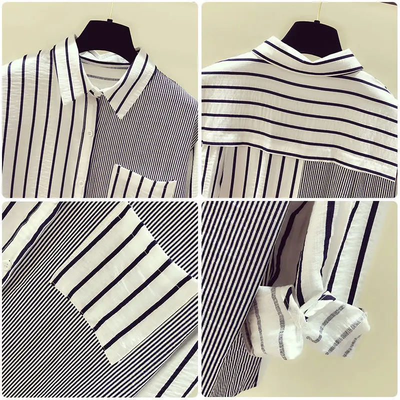 Korean Clothing Fashion Women Oversized Stripe Shirt Spring Autumn Pretty Office Lady Basic Casual Spliced Long Sleeve Blouses