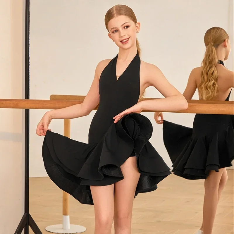 2025 ฤดูร้อนชุดเต้นรําละตินสําหรับสาวแขวนคอกระโปรง Cha-cha Samba Rumba เต้นรําการฝึกอบรมเด็กเครื่องแต่งกาย