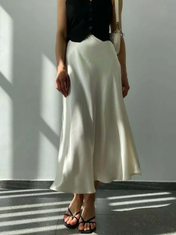 Women's Satin Long Skirt Office Lady Elastic Waist A-Line Skirt in Solid Champagne Purple Red Silk New Fashion 2025