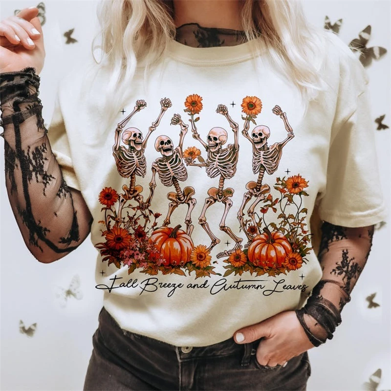 Funny Ghost Plant Halloween Skull Print Pattern T-Shirt Fashion Summer Round Neck Women's Casual Style Regular Top White T-Shirt