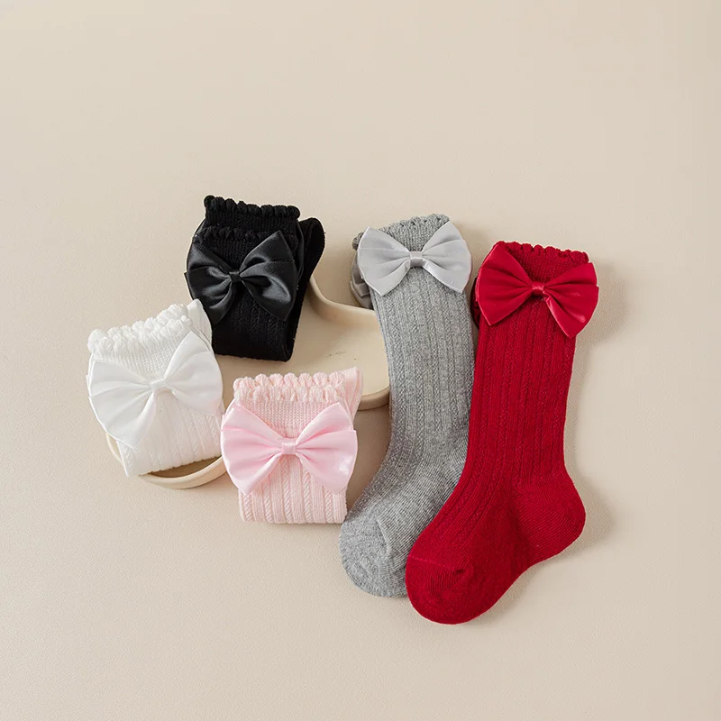 Princess Baby Bow Socks Solid Color Kids Calf Sock Spring Autumn Cotton Footwear Sweet Children Girls Knitted Stockings 0-4Year