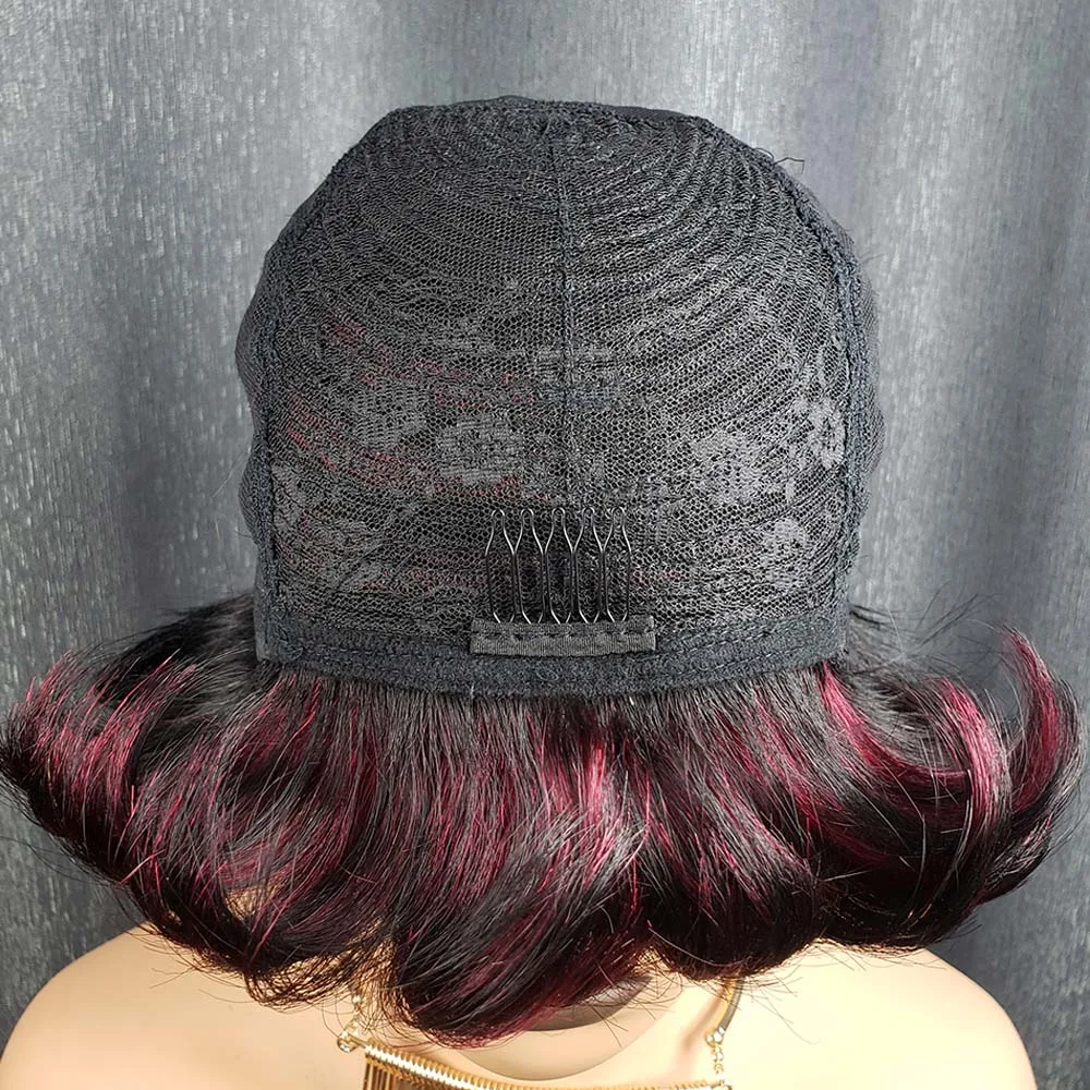 흑인 여성용 짧은 컬러 픽시컷 가발, 레미 인모 머신메이드 가발(앞머리 포함), 데일리용 레미 인모 가발