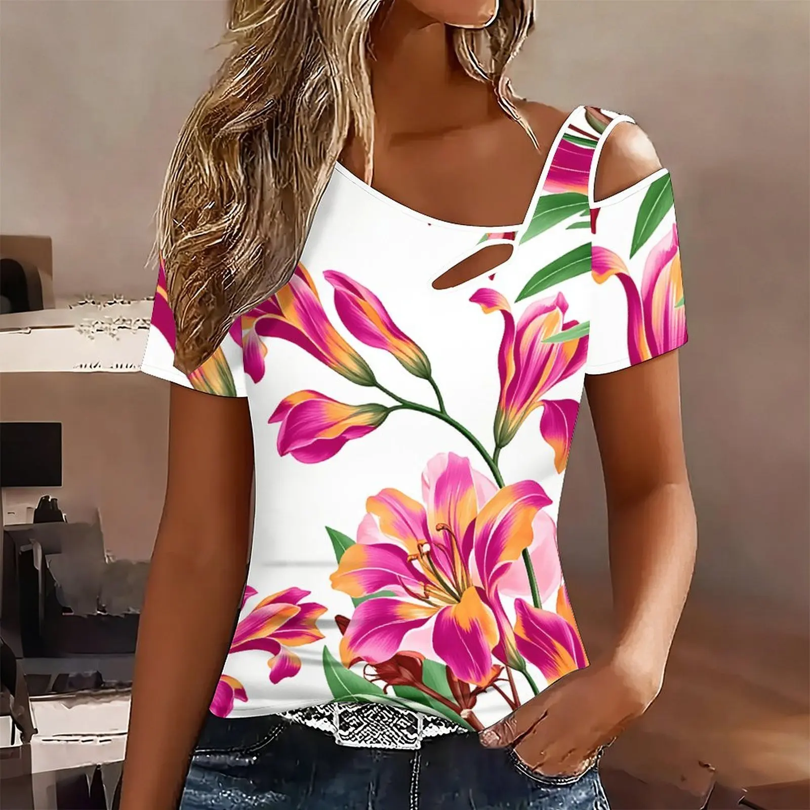 Off-Shoulder Collar Print T-Shirt  Women's Trendy Fashionable  Top Elegant Off-Shoulder Collar Clothes