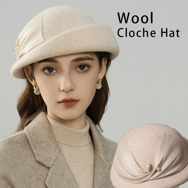 

Fedora Hat Elegant French Style Wool Cloche Hat Pearl Decor Hepburn Inspired Bucket Cap For Women Classic Vintage Dress Top Hat