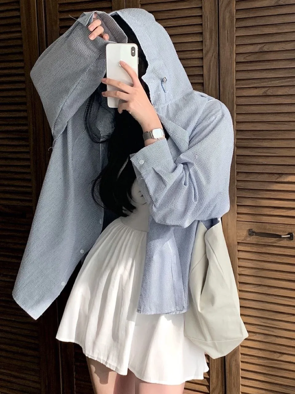 Chic Spring Vintage Anti-Aging Single-Button Loose Casual All-Match Hooded Sunscreen Long-Sleeve Striped Women's Shirt