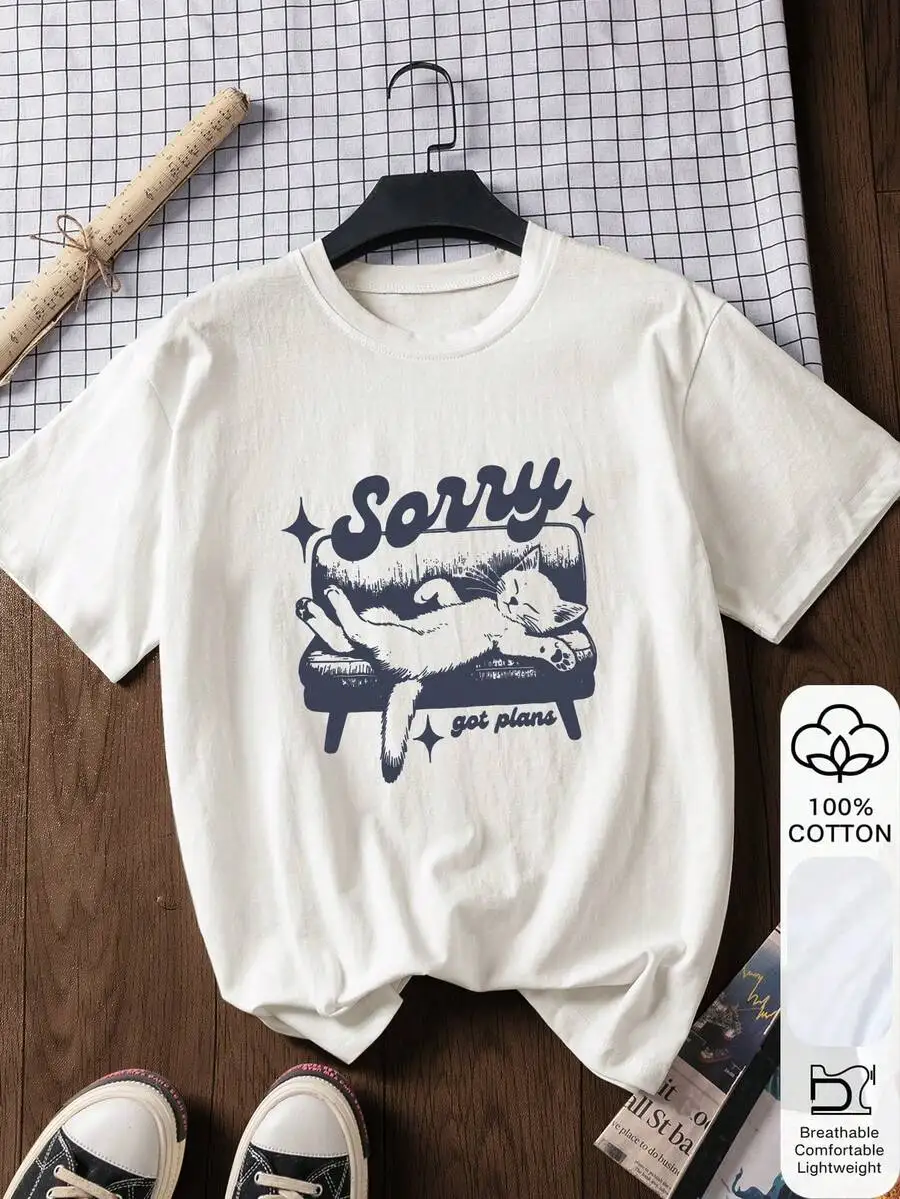 Women's 100% Cotton Cat Print Short Sleeve T-Shirt, Casual Summer , Cotton Tee, Summer Top, Graphic Print, Women's Tee, Top, Summer Wear, Vacation, Travel, Beach, Minimalist Resort White