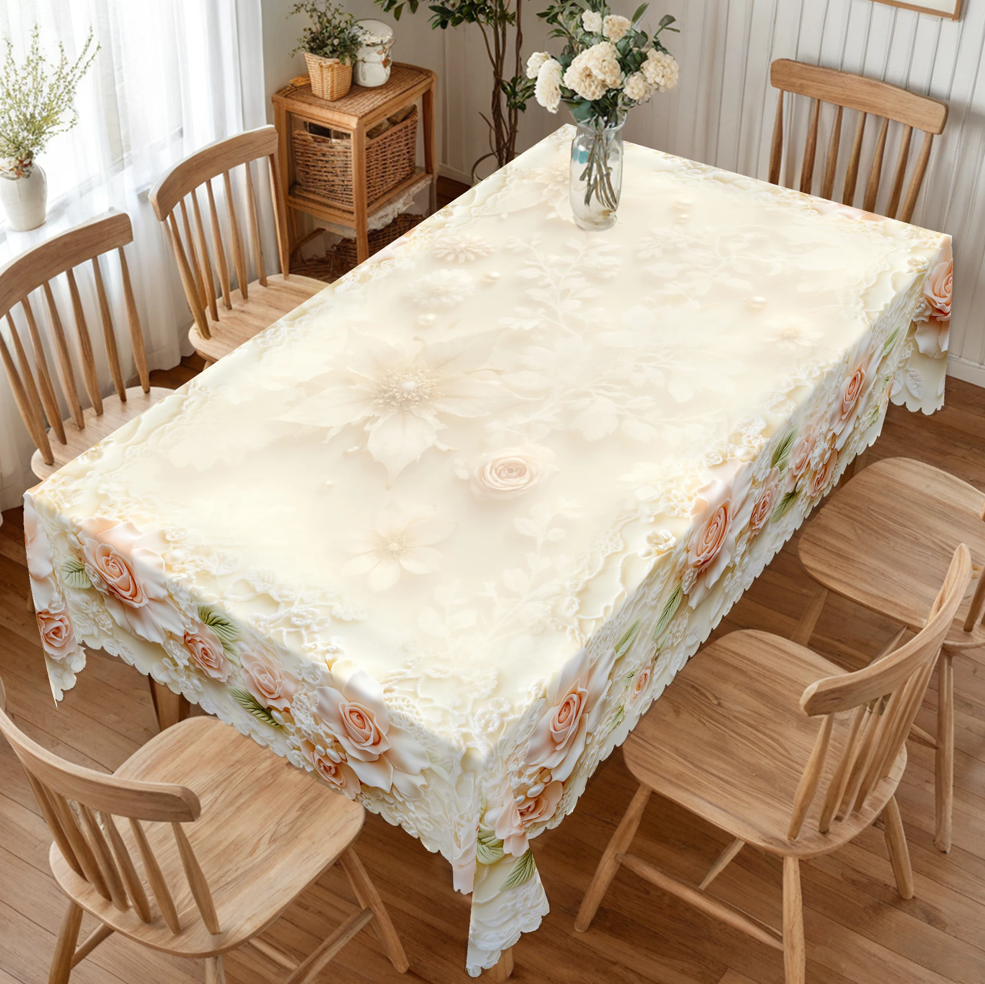 1 Piece Spring and Summer Vintage 3D Rose Pattern Printed Round Tablecloth, French Elegant Floral Print Rectangular Tablecloth, Home Kitchen Table Cover, for Indoor and Outdoor Use, Home Decoration, Suitable for Valentine's Day, Mother's Day, Weddings, Birthdays, Anniversaries