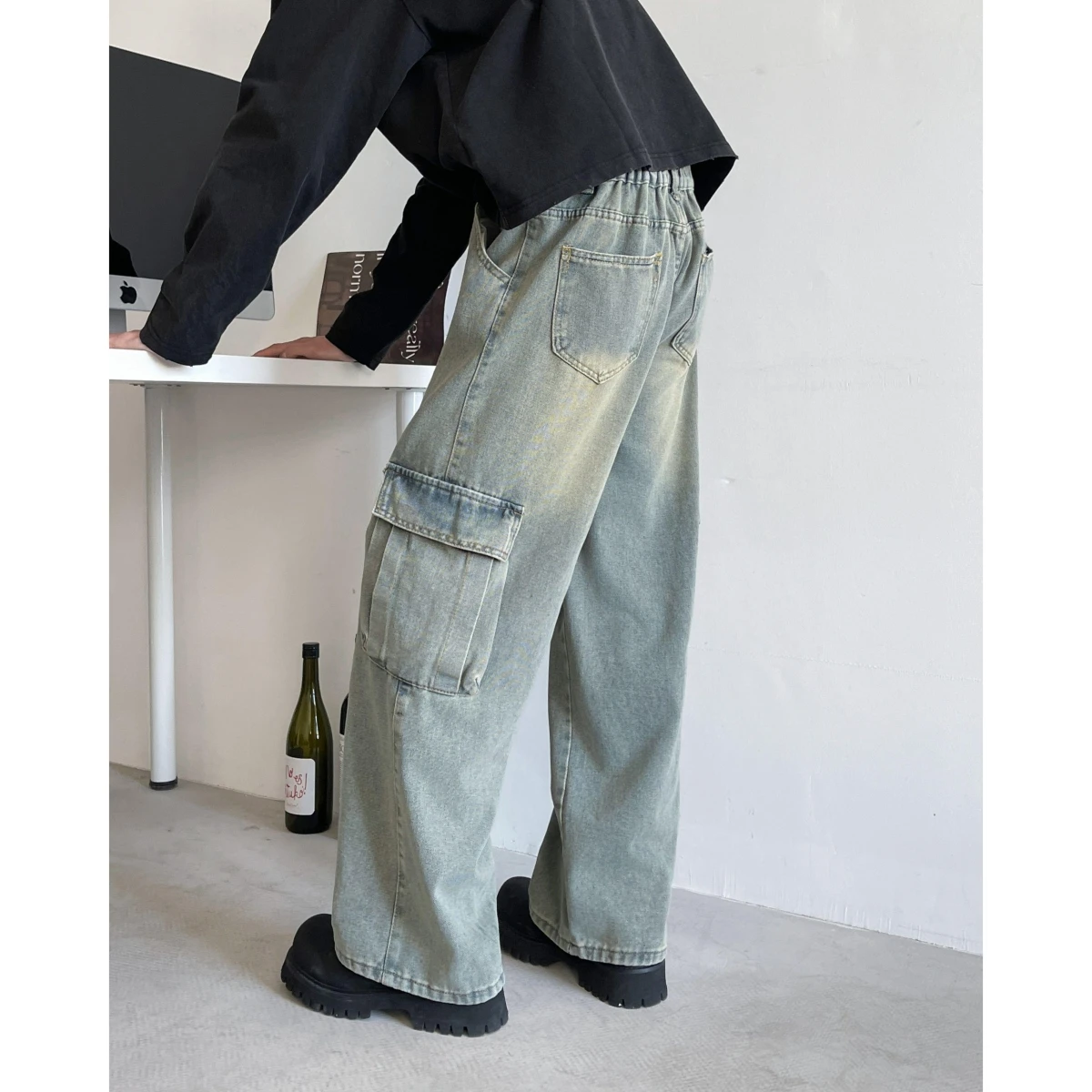 

Мужские джинсы Waed American High Street Workwear, свободные, прямые, широкие, с дизайнерским кроем, длинные брюки, повседневные, прямого кроя.