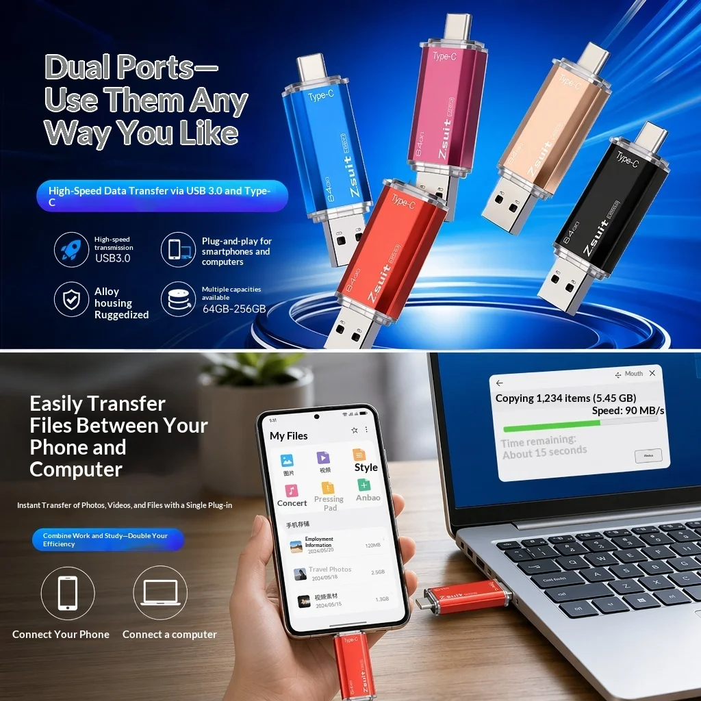 ZSUIT USB Flash Drive 2 in 1 Type-c Pen Drive 128GB 64GB 32GB 16G USB Stick 3.0 Mobile Pen Drive Metal U Disk