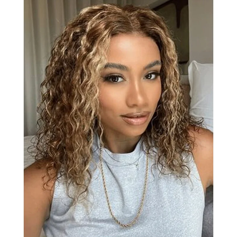 Brown Blonde Highlight Bob Wigs Lace Front  Hair Wigs Pre Plucked Curly Wig